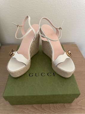 Gucci Lifford Majestic White Leather Espadrille Wedge Sandals with Gold GG